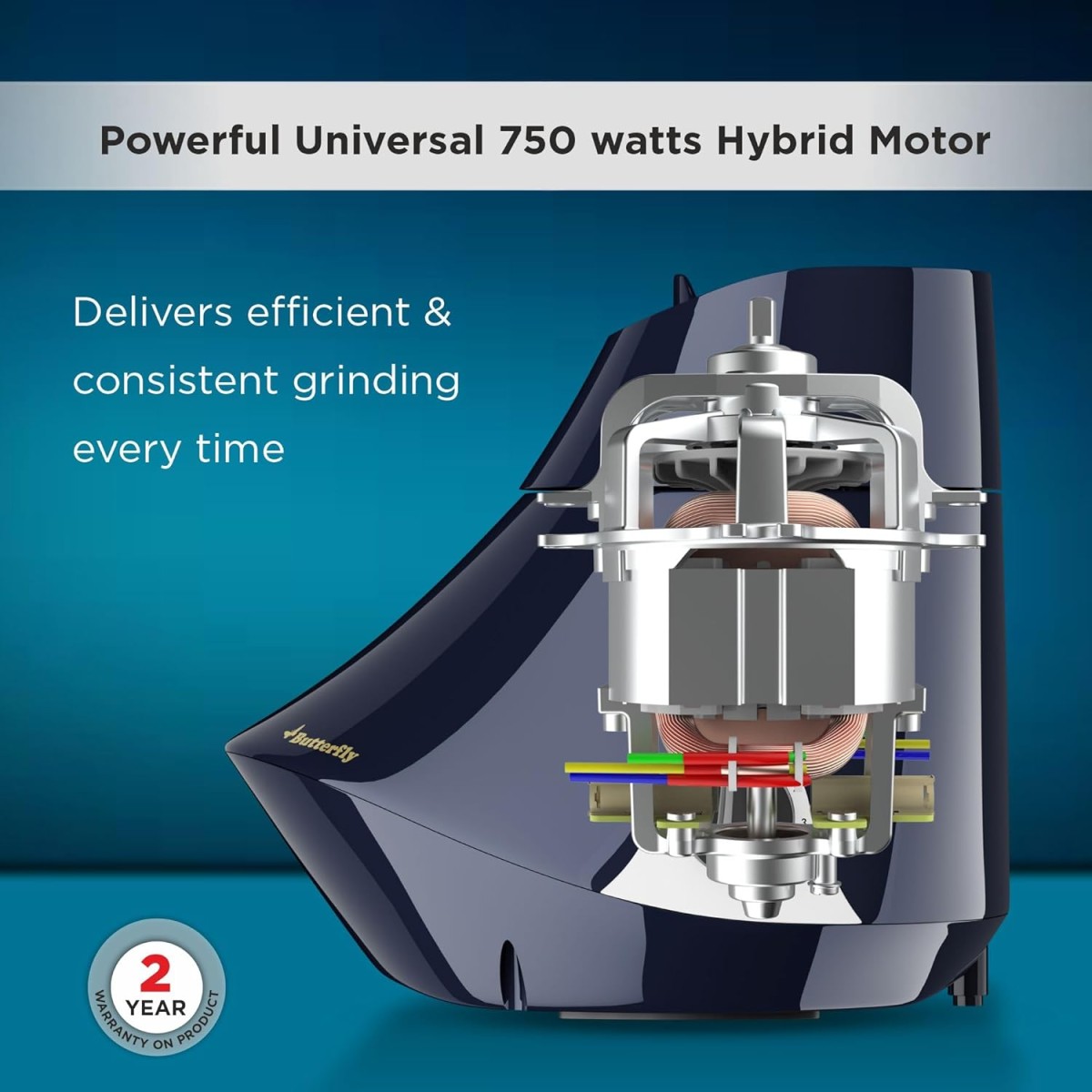 Butterfly Smart Plus 750W Mixer Grinder with 5 Jars | Multipurpose Jars - 3 Stainless Steel,1 PC Juicer Jar & 1 Grind & Store Jar | Heavy Duty Motor | 2 Years Manufacturer Warranty | Ink Blue