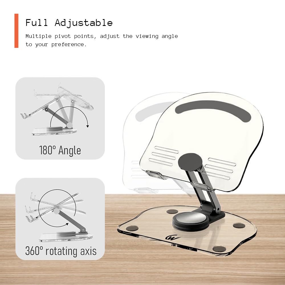 C-Thru 360° Rotating Tablet Stand Holder, Foldable Adjustable Tablet Holder for iPad pro, Kindle, Tab, Smartphone, and More(Transparent)