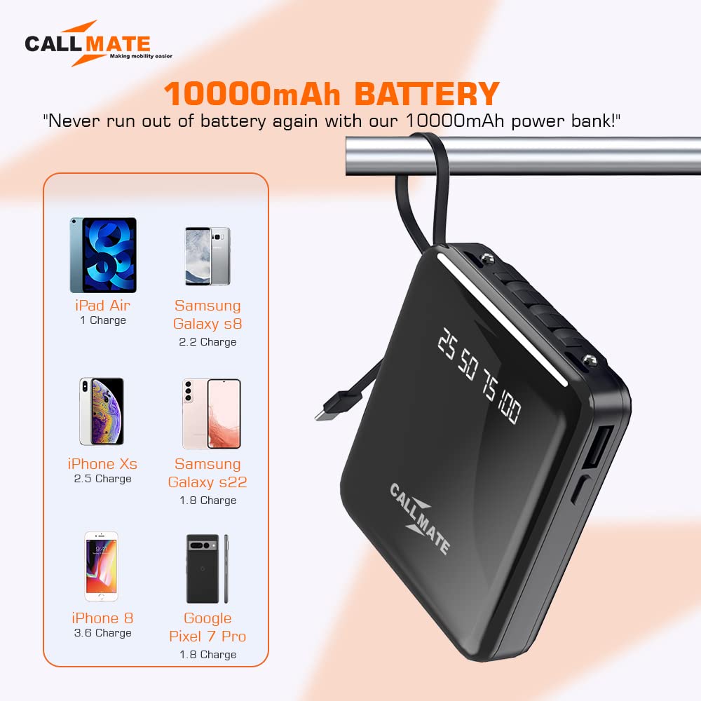 CALL MATE DX03 Power Bank 10000mAh Li-Polymer with 2.4 Fast Charging with 1 USB Port and 2 Input (Micro, Type C),Semi Digital Battery Indicator, in-Built 3 in 1 Detachable Cable (Black)