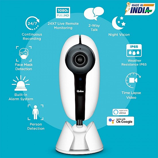 Qubo Smart Outdoor Security WiFi Camera (White) with Face Mask Detection | Intruder Alarm System 