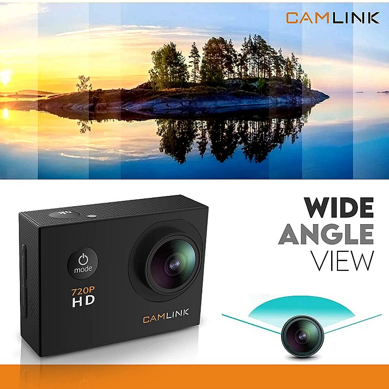 CAMLINK CL-AC11 720P Optical 12MP HD Action Camera Wide Angle Camcorder 30M Waterproof Sports Camera with Built-in Microphone, TFT LCD Screen (Black)