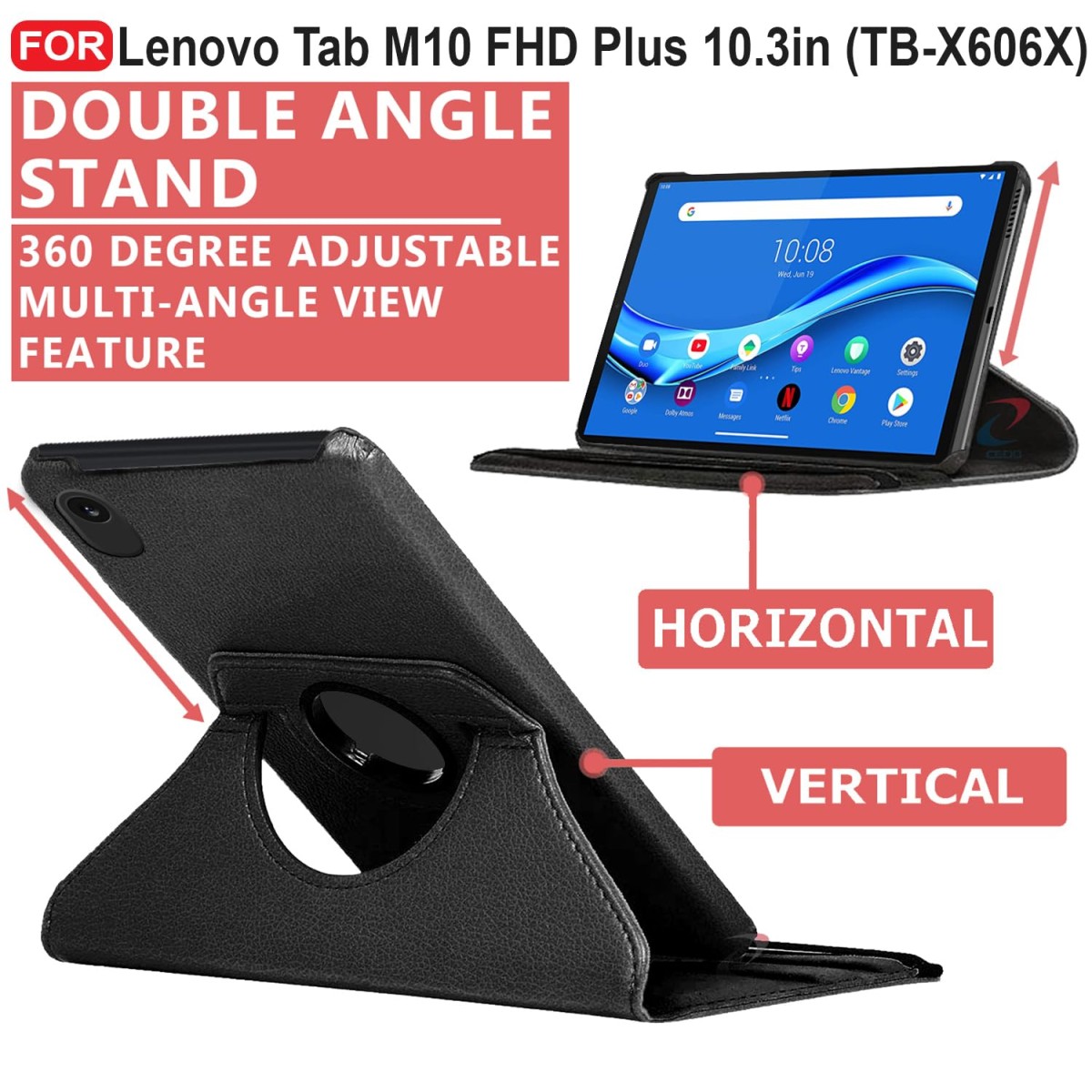 CEDO Lenovo Tab M10 FHD Plus (10.3 inch) Flip Cover | Leather Finish | 360 Degree Rotate Back Cover | Shockproof Back Cover Case TB-X606X (Black)