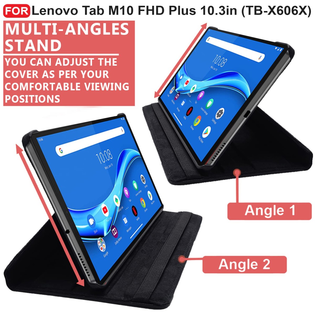 CEDO Lenovo Tab M10 FHD Plus (10.3 inch) Flip Cover | Leather Finish | 360 Degree Rotate Back Cover | Shockproof Back Cover Case TB-X606X (Black)