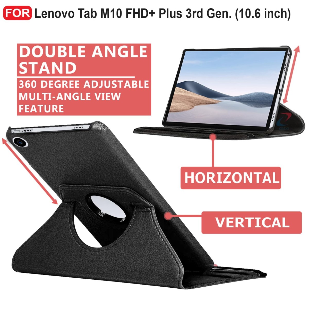 CEDO Lenovo Tab M10 FHD+ Plus 3rd Gen (10.6 inch) Flip Cover | Leather Finish | 360 Degree Rotate Back Cover Case (Black)