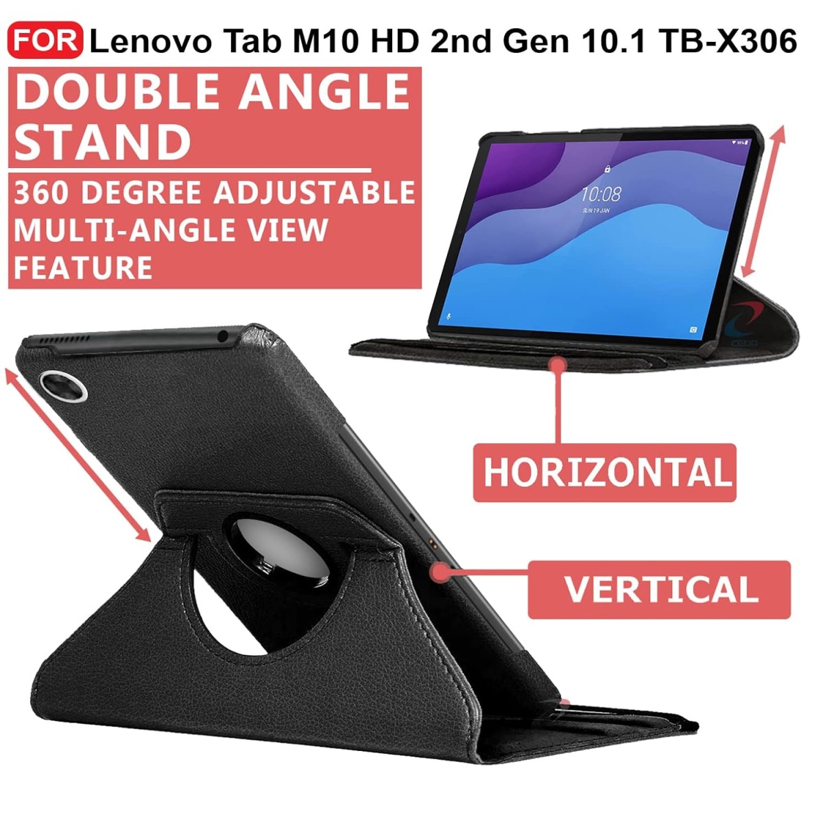 CEDO Lenovo Tab M10 HD 2nd Gen (10.1 inch) Flip Cover | Leather Finish | 360 Degree Rotate Flip Cover | Back Cover Case TB-X306 X/F (Black)