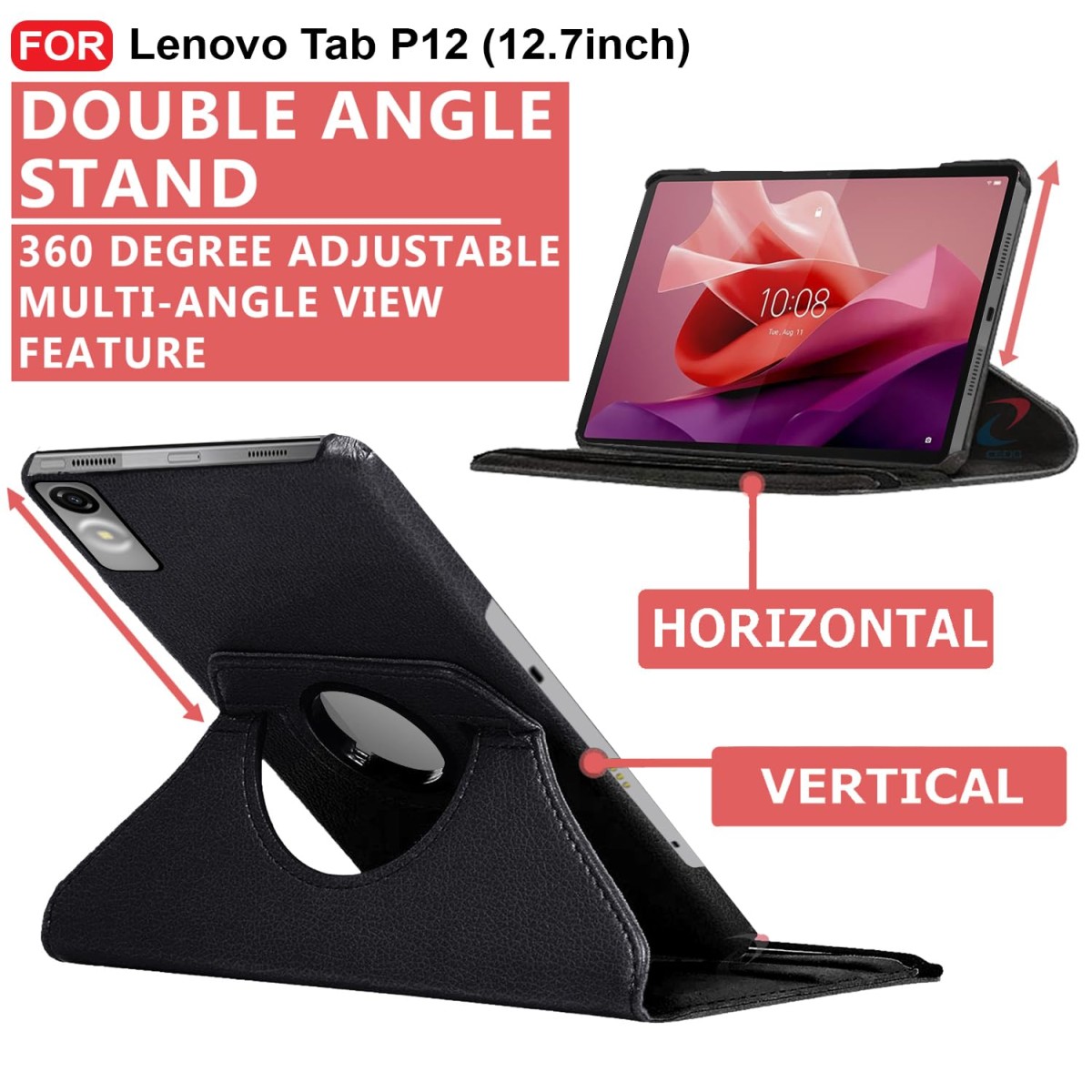 CEDO Lenovo Tab P12 (12.7 inch) Flip Cover | Leather Finish | 360 Degree Rotate Back Cover | Shockproof Back Cover Case (Black)