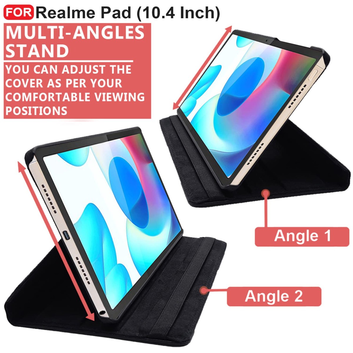 CEDO Realme Pad (10.4 inch) Flip Cover | Leather Finish | 360 Degree Rotate Back Cover | Shockproof Back Cover Case (Black)