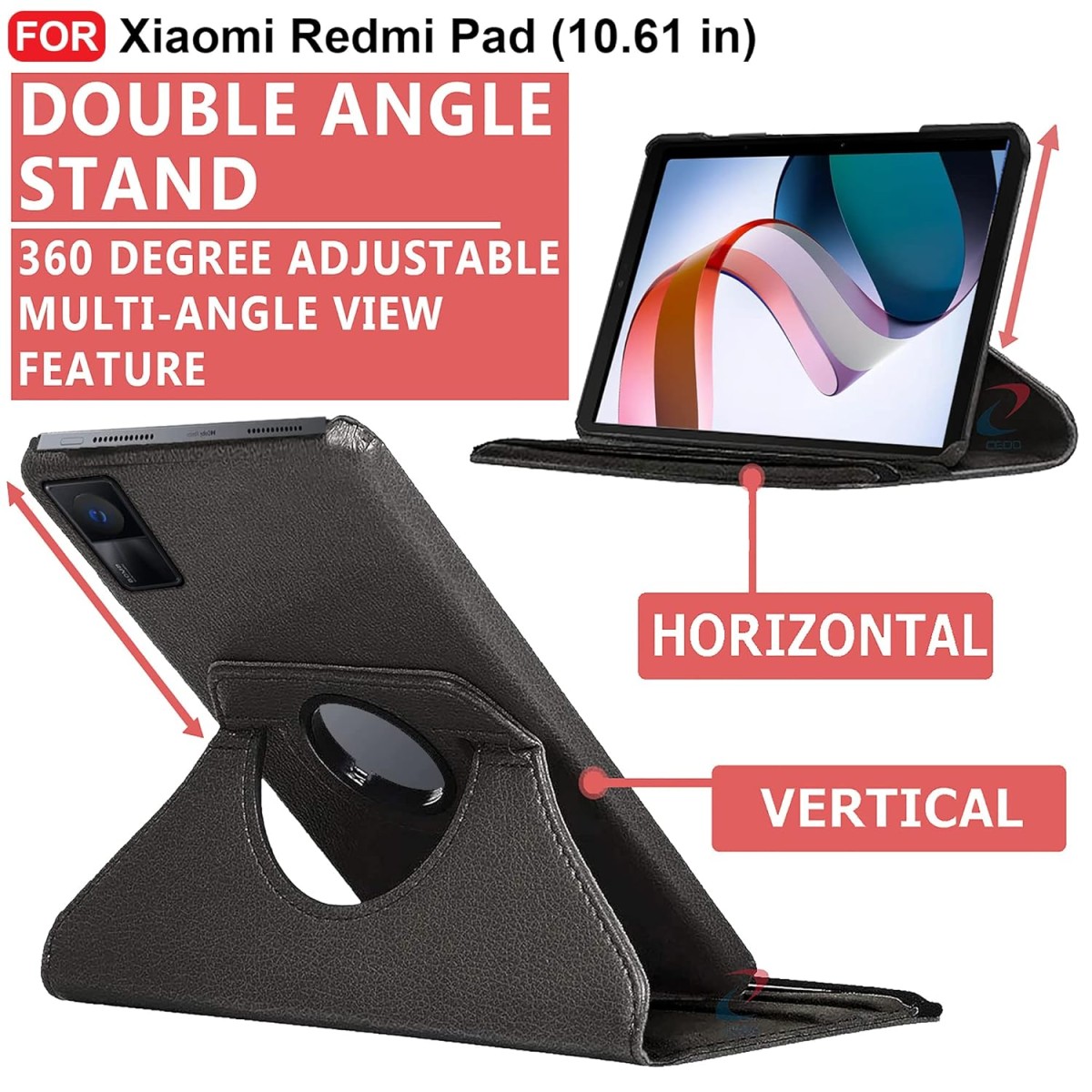 CEDO Redmi Pad (10.6 inch) Flip Cover | Leather Finish | 360 Degree Rotate Back Cover | Shockproof Back Cover Case for Xiaomi Redmi Pad (10.6 inch) (Black)
