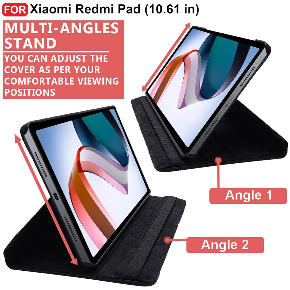 CEDO Redmi Pad (10.6 inch) Flip Cover | Leather Finish | 360 Degree Rotate Back Cover | Shockproof Back Cover Case for Xiaomi Redmi Pad (10.6 inch) (Black)