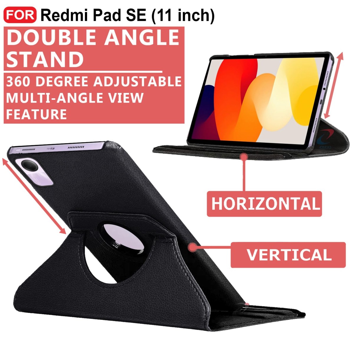 CEDO Redmi Pad SE (11 inch) Flip Cover | Leather Finish | 360 Degree Rotate Back Cover | Shockproof Back Cover Case for Redmi Pad SE (11 inch) (Black)