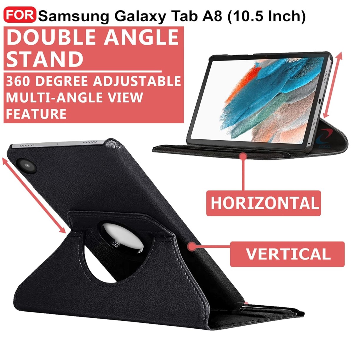 CEDO Samsung Tab A8 (10.5 inch) Flip Cover | Leather Finish | 360 Degree Rotate Back Cover | Shockproof Back Cover SM-X200 / SM-X205 (Black)