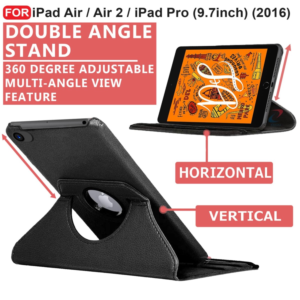CEDO iPad Air/Air 2 / iPad Pro 9.7 inch (2016) Flip Cover | Leather Finish | 360 Degree Rotate Back Cover (Black)