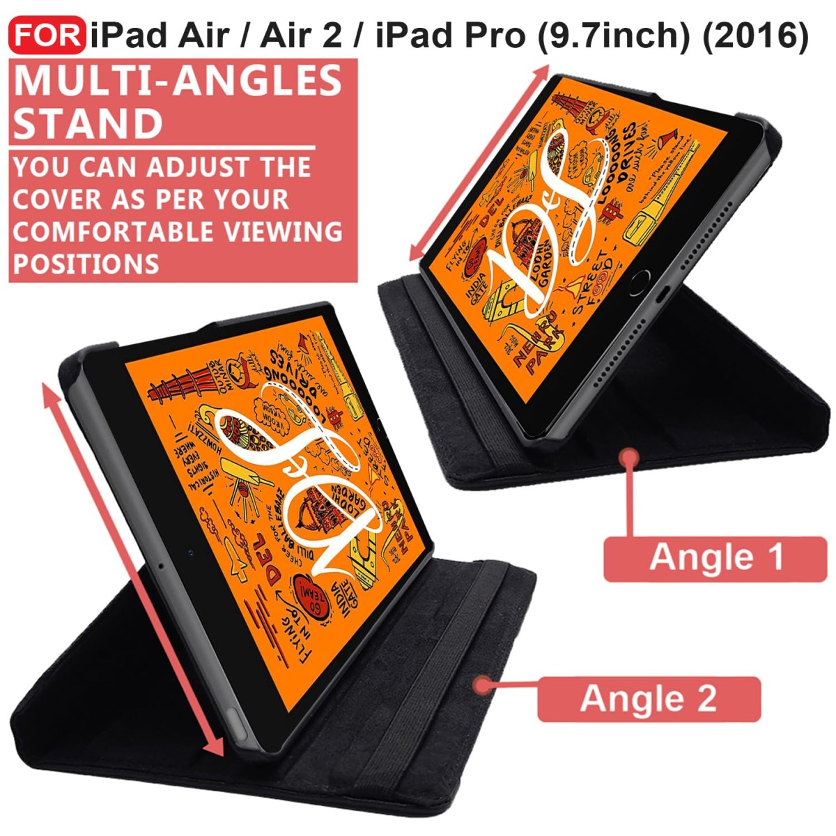 CEDO iPad Air/Air 2 / iPad Pro 9.7 inch (2016) Flip Cover | Leather Finish | 360 Degree Rotate Back Cover (Black)