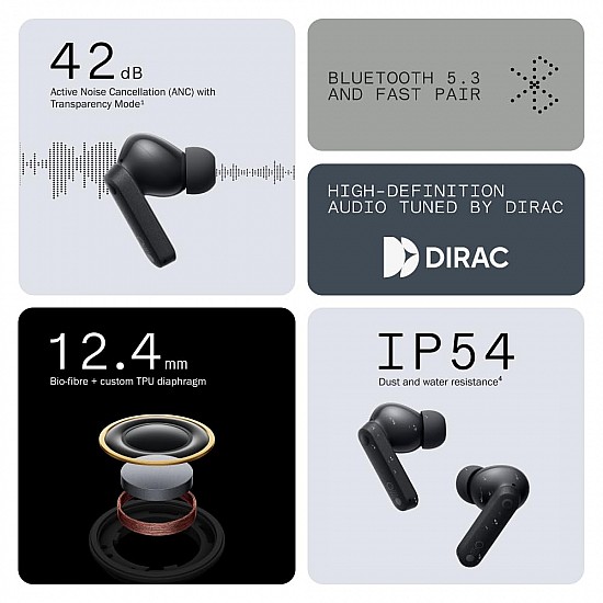 CMF by Nothing Buds - Wireless headphones with 42 dB ANC, Transparency mode, Ultra Bass Technology 2.0, HD Audio from DIRAC, IP54 and connection to two devices - Light Grey