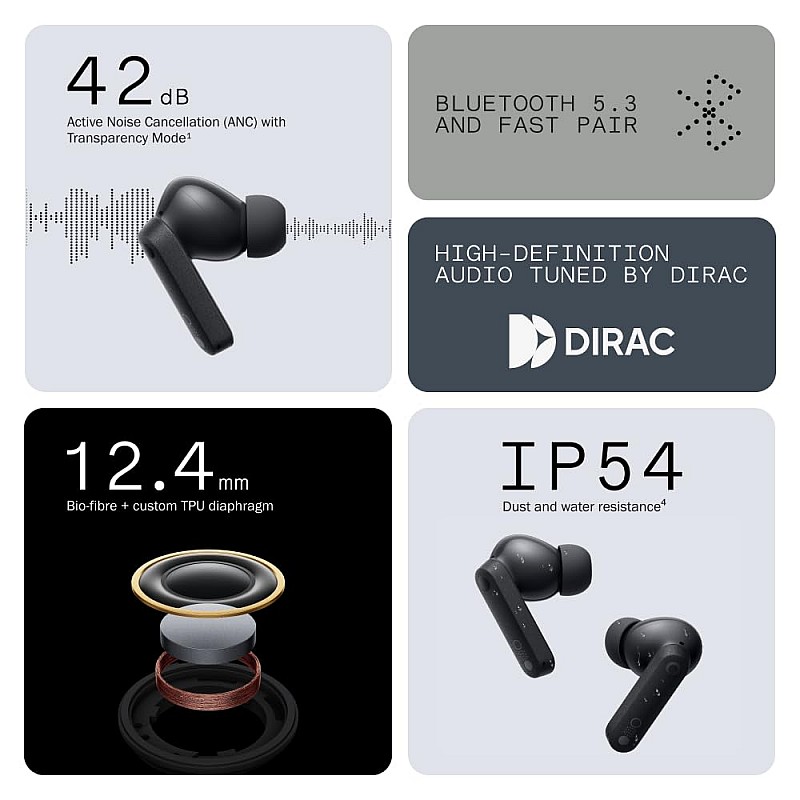 CMF by Nothing Buds - Wireless headphones with 42 dB ANC, Transparency mode, Ultra Bass Technology 2.0, HD Audio from DIRAC, IP54 and connection to two devices - Light Grey