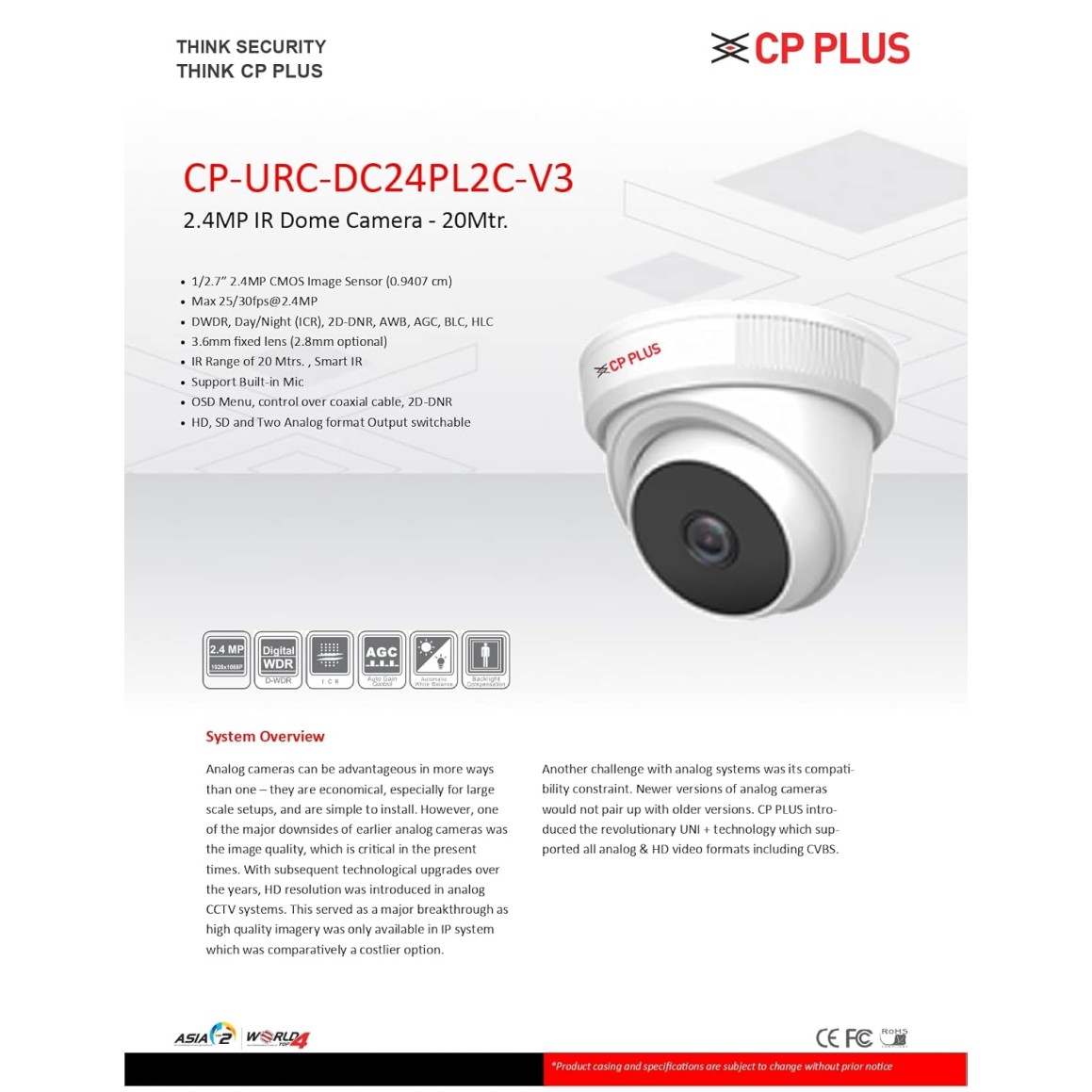 CP PLUS 2.4mp IR Indoor Dome Camera with Support Built in Mic,1080p Full HD Recording CP-URC-DC24PL2C-V3 CP PLUS 2.4mp IR Indoor Dome Camera with Support Built in Mic,1080p Full HD Recording CP-URC-DC24PL2C-V3