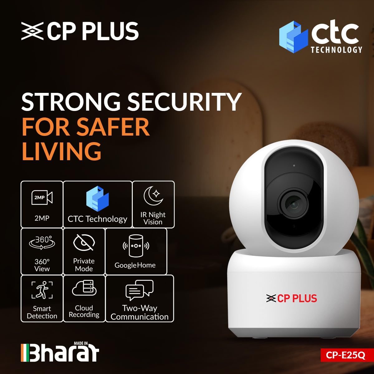 CP PLUS 2MP Full HD Wi-Fi CCTV Camera for Home with Motion Tracking | Smart Detection Suite | Night Vision | Cloud Recording | View & Talk | Supports OK Google | CTC Cyber Secure | CP-E25Q