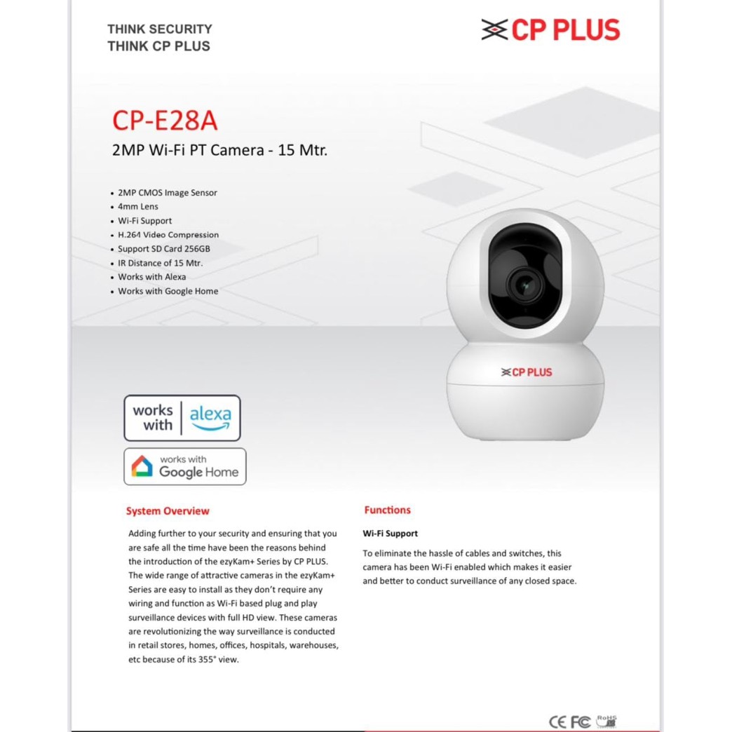 CP PLUS 2MP Full HD Wi-fi CCTV Camera | 360°View PT Camera | Motion Tracking | Cloud Monitoring | 2-Way Talk, Night Vision| Support SD Card (Up to 256 GB) | Privacy Mode - CP-E28A