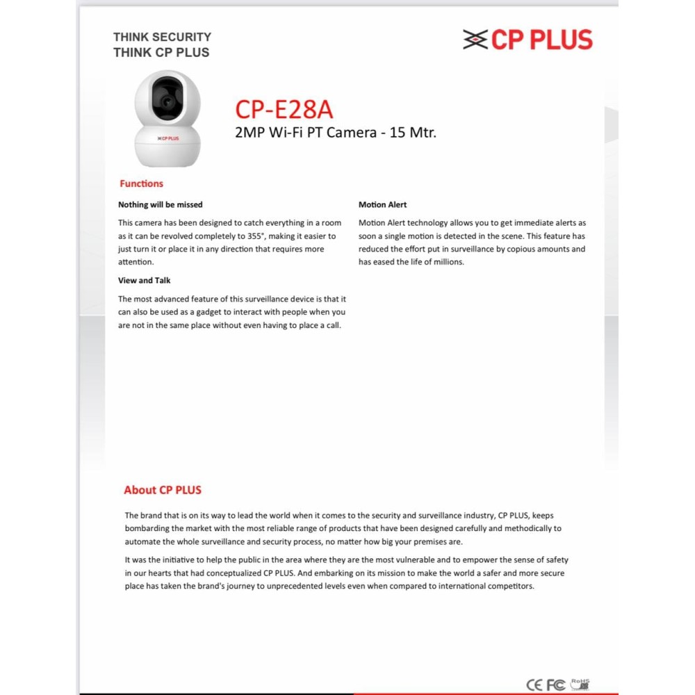 CP PLUS 2MP Full HD Wi-fi CCTV Camera | 360°View PT Camera | Motion Tracking | Cloud Monitoring | 2-Way Talk, Night Vision| Support SD Card (Up to 256 GB) | Privacy Mode - CP-E28A