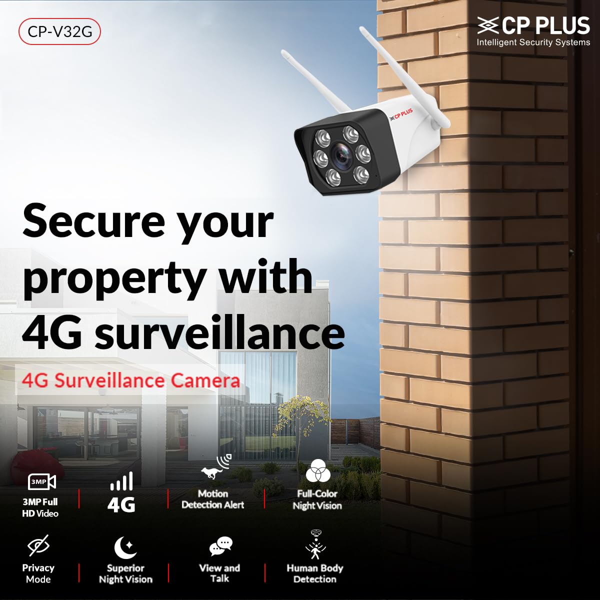 CP PLUS 3MP 4G Sim Card Supported Outdoor Smart Bullet Camera | Support RJ45 Port and 4G Sim | Two Way Talk |Full Colour Night Vision| SD Card (Up to 256 GB) IP Ratings – IP66 CP-V32G