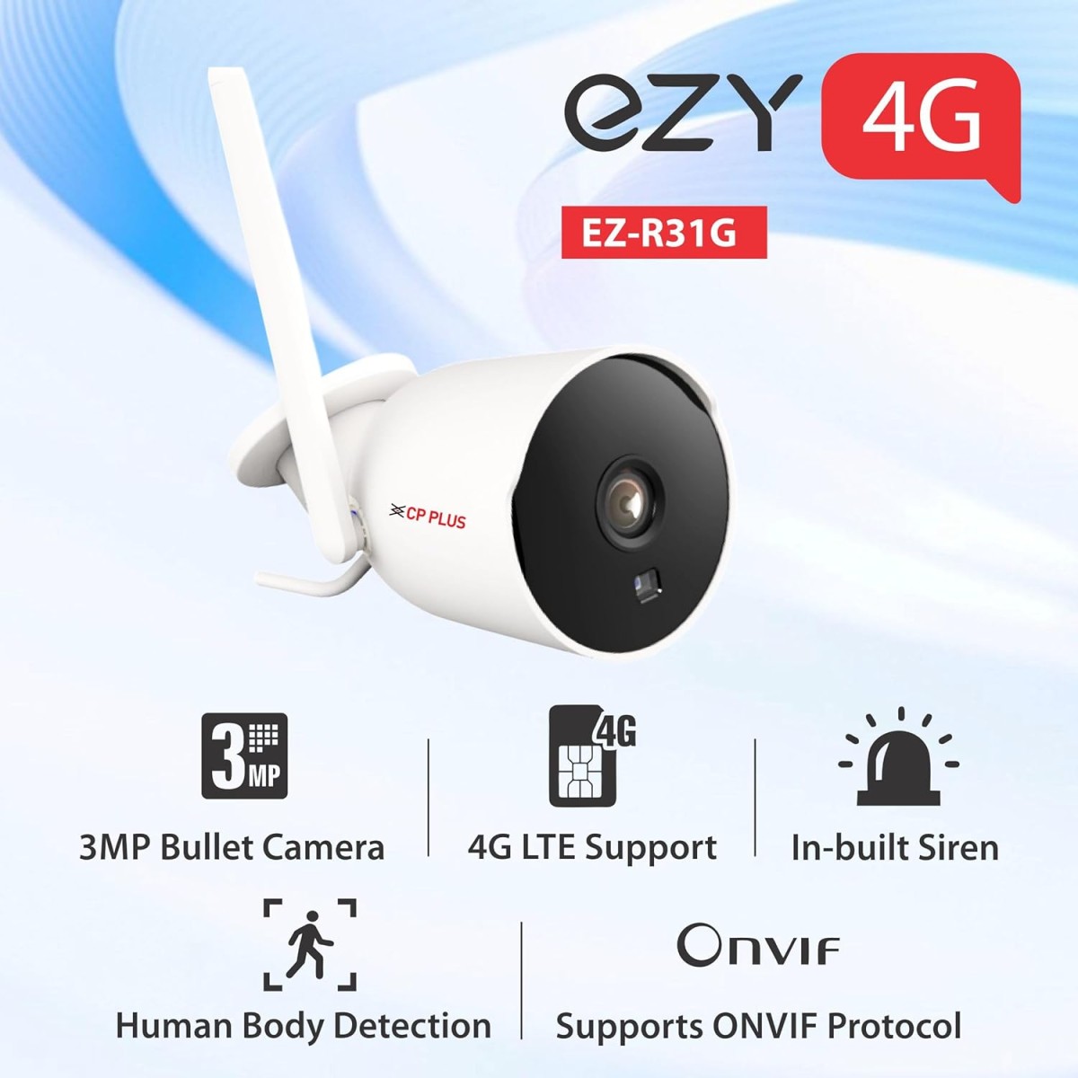 CP PLUS 3MP Outdoor Bullet CCTV Camera | 4G SIM-Based Wireless Security Camera | Motion & Human Detection | Night Vision 25M | Two-Way Audio | Built-in Siren | Mobile App Support | EZ-R31G