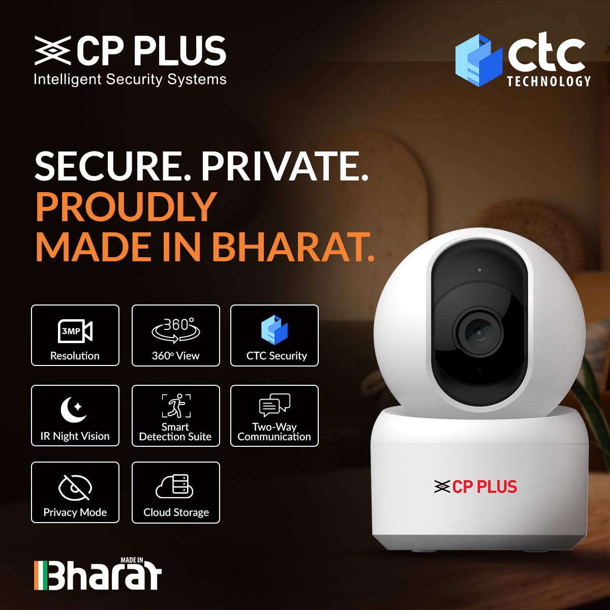 CP PLUS 3MP Smart Wi-Fi CCTV Camera | 360° Pan & Tilt | CTC Cyber Secure Tech | View & Talk | Smart Detection Suite | Night Vision | Cloud Storage | Supports OK Google | CP-E35Q