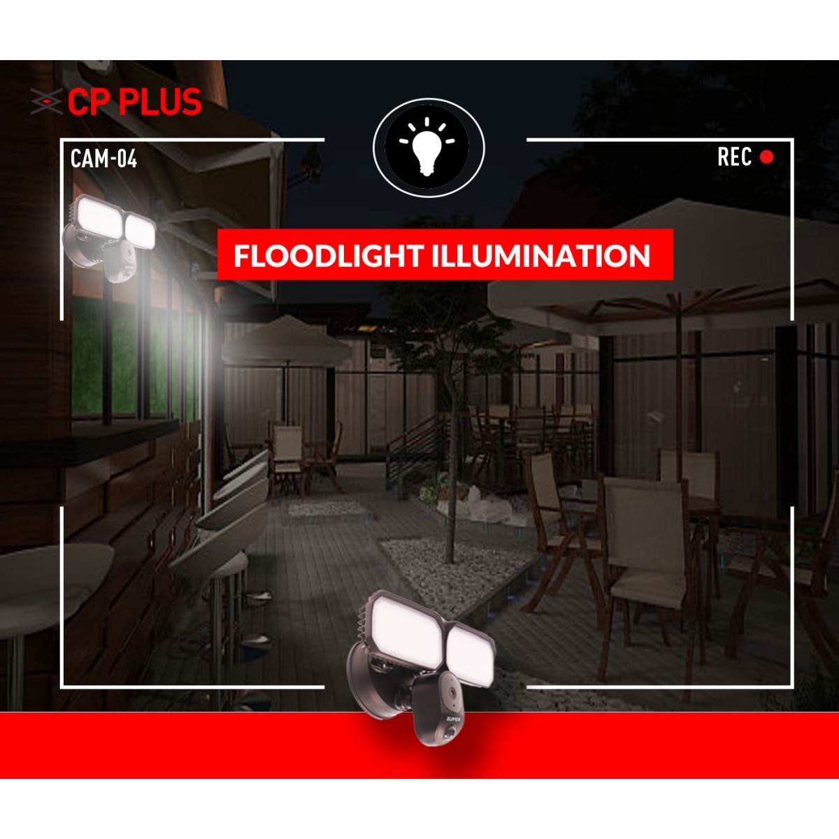 CP PLUS 4MP Outdoor Wi-fi Floodlight Camera | 110° Angle of View | Built-in Mic | Night Vision | SD Storage (up to 128) | Night Vision | IP Ratings – IP65 | Spot Light Distance 5Mtr | CP-F41A CP PLUS 4MP Outdoor Wi-fi Floodlight Camera | 110° Angle of View | Built-in Mic | Night Vision | SD Storage (up to 128) | Night Vision | IP Ratings – IP65 | Spot Light Distance 5Mtr | CP-F41A
