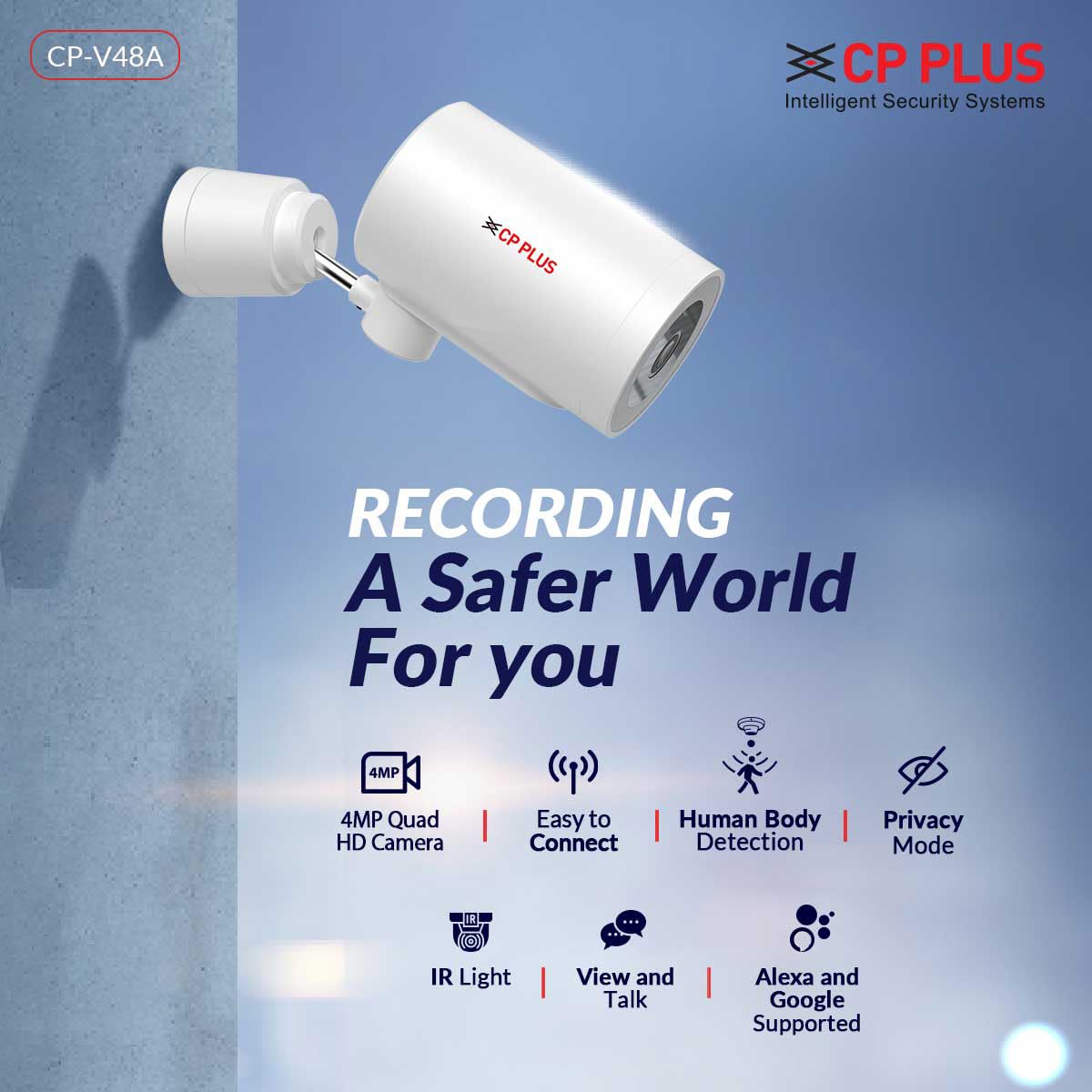 CP PLUS 4MP QHD Wi-fi Outdoor Bullet Security Camera | 180 Degree with Tilt Alexa & OK Google - CP-V48A CP PLUS 4MP QHD Wi-fi Outdoor Bullet Security Camera | 180 Degree with Tilt Alexa & OK Google - CP-V48A