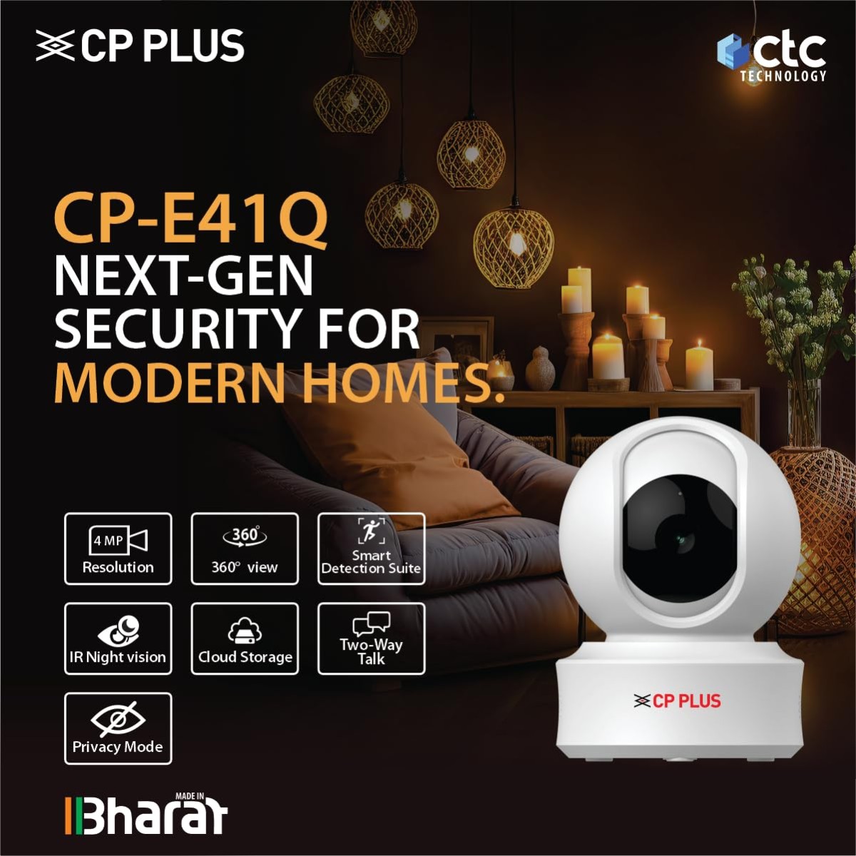 CP PLUS 4MP Quad HD Smart Wi-Fi CCTV Camera for Home | 360° Pan & Tilt | CTC Cyber Secure Tech | Supports LAN | View & Talk | Smart Detection Suite | Night Vision | Cloud Storage | OK Google | CP-E41Q