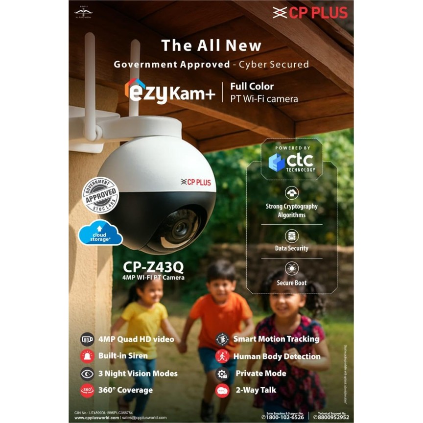 CP PLUS 4MP WI-FI Full Color Outdoor Smart Security Camera | CTC Technology|360˚with Pan & Tilt |Two Way Talk| Human Detection | Night Vision | Supports SD Card (Up to 128 GB) |Alexa & Google- CP-Z43Q