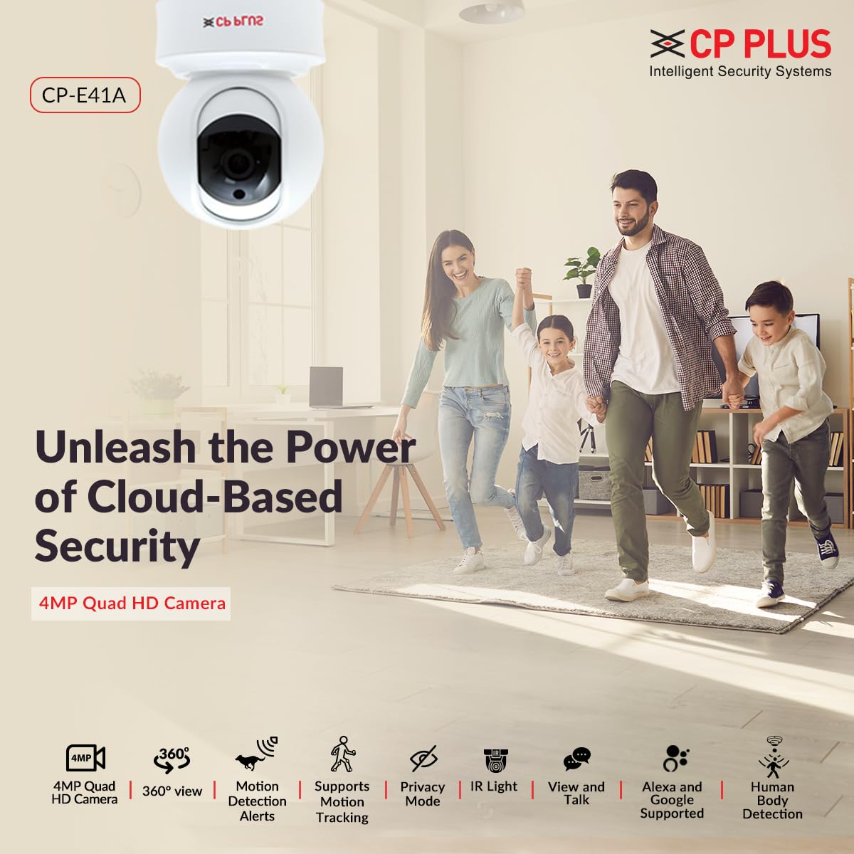 CP PLUS 4MP Wi-fi PT Home Security Smart Camera | 360˚ with Pan & Tilt | Two Way Talk | Cloud Monitoring | Motion Detect | Night Vision | Supports SD Card (Up to 128 GB) | Alexa & OK Google - CP-E41A