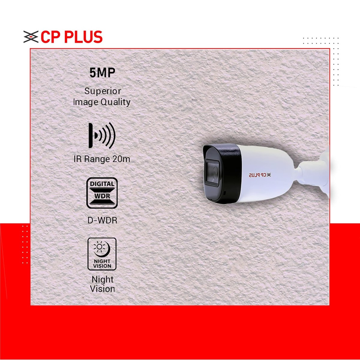 CP PLUS 5MP IR Outdoor Bullet Camera | 3.6MM Lens Up to 20M IR Distance | Max. 25fps@5MP (16:9 Video Output), White - CP-USC-TC51PL2-V3