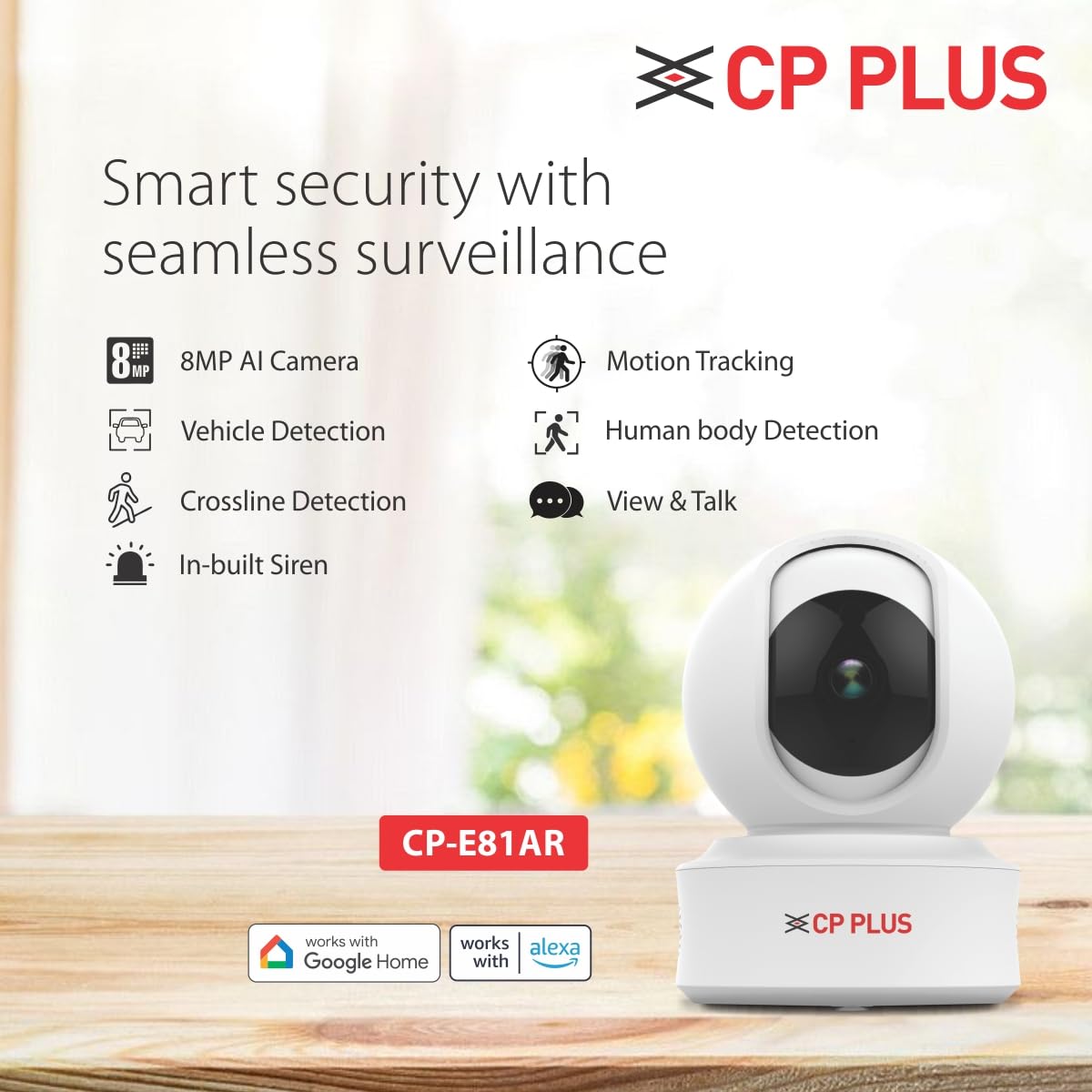 CP PLUS 8 MP Resolution Smart Wi-fi Ai CCTV Camera | 2 Way Talk | Human Body Detection & Motion Tracking Alert | Supports Vehicle & Crossline Detection Powered by Ai | Advanced Night Vision 