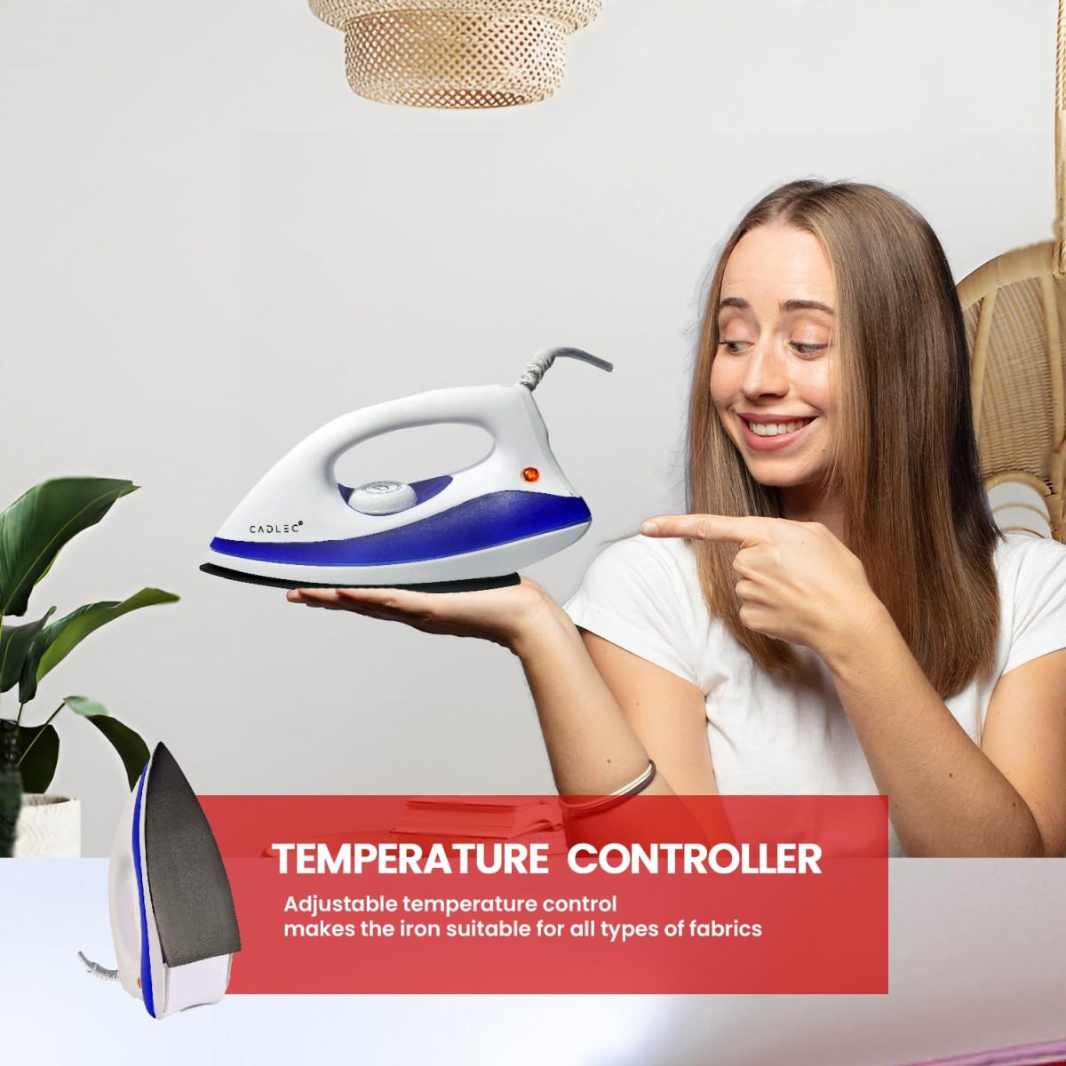 Cadlec Advanced Lightweight Dry Iron with Non-Stick Teflon Coating | 1000W | Sleek Design | 2-Year Warranty