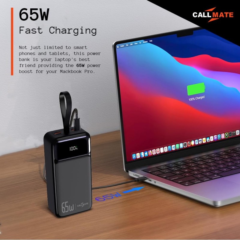 Callmate 65W Fast Charging Powerbank with 30000 mAh for MacBook, Type C Laptop & Mobile Charging | 3 Output & 2 Input (65 W, Fast Charging, Power Delivery 3.0, Quick Charge) (Black, Lithium Polymer) Callmate 65W Fast Charging Powerbank with 30000 mAh for MacBook, Type C Laptop & Mobile Charging | 3 Output & 2 Input (65 W, Fast Charging, Power Delivery 3.0, Quick Charge) (Black, Lithium Polymer)