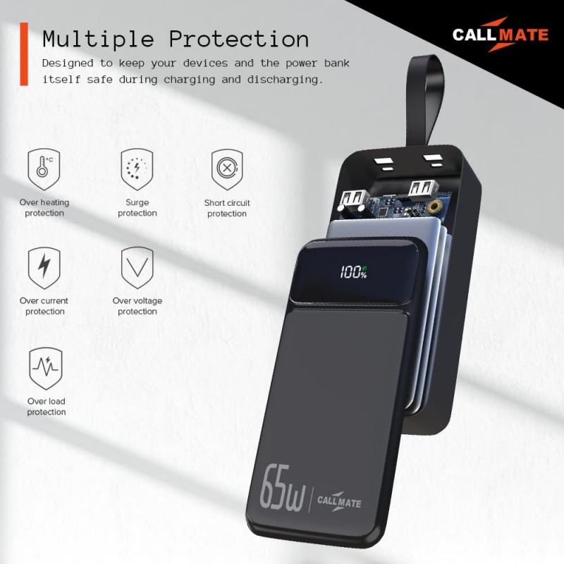 Callmate 65W Fast Charging Powerbank with 30000 mAh for MacBook, Type C Laptop & Mobile Charging | 3 Output & 2 Input (65 W, Fast Charging, Power Delivery 3.0, Quick Charge) (Black, Lithium Polymer) Callmate 65W Fast Charging Powerbank with 30000 mAh for MacBook, Type C Laptop & Mobile Charging | 3 Output & 2 Input (65 W, Fast Charging, Power Delivery 3.0, Quick Charge) (Black, Lithium Polymer)