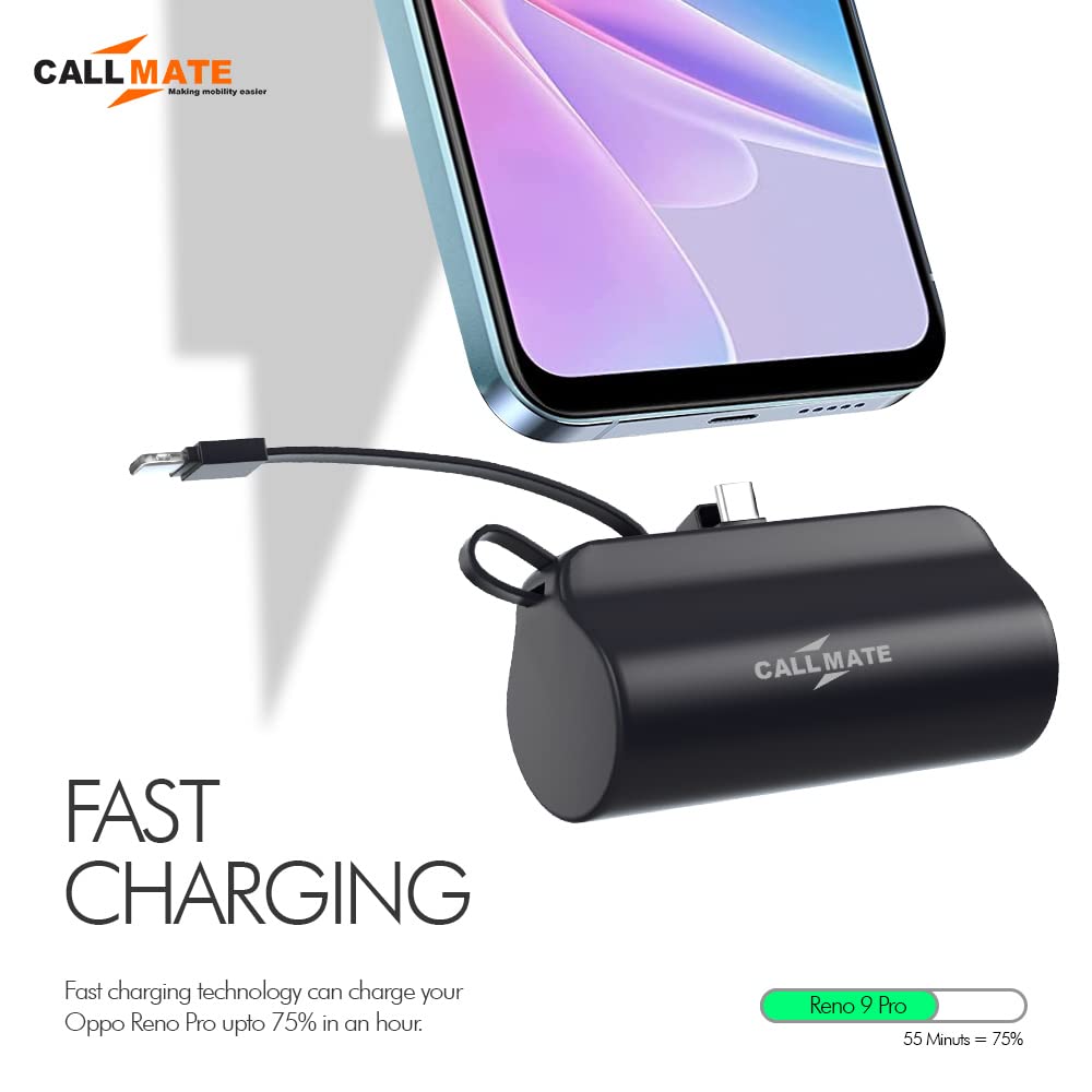 Callmate PowerPod-C 5000mAh Pocket-Sized 15W Portable Power Bank with Plug-in Type-C Port & inbuilt Light-ning Cable- Compatible with i-Phone, Samsung Galaxy, and More (Black)