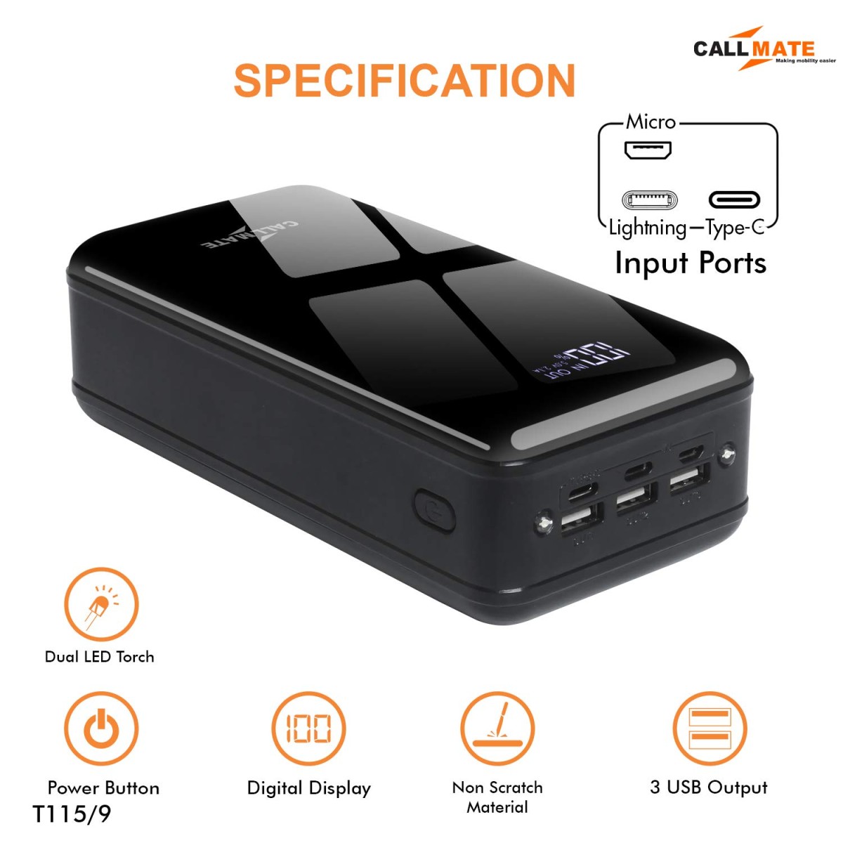 Callmate 50000 mAh Power Bank 15W Fast Charging Black