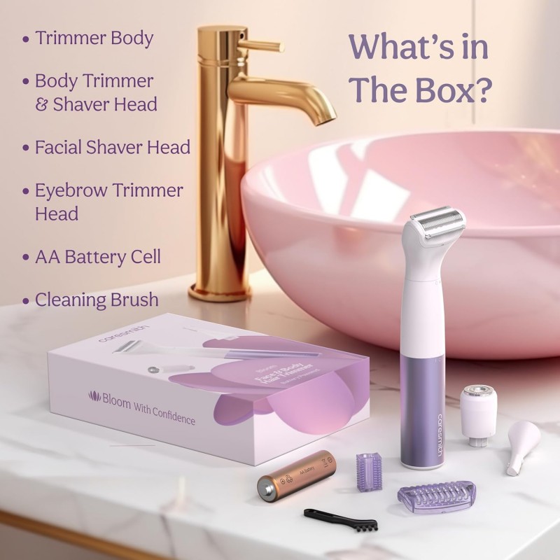 Caresmith Bloom 4 in 1 Face & Body Hair Trimmer for Women|3 Heads - Bikini Shaver, Face & Eyebrow Trimmer, Full Body, Nose and Ear, Hair Removal Machine |Women, Purple Caresmith Bloom 4 in 1 Face & Body Hair Trimmer for Women|3 Heads - Bikini Shaver, Face & Eyebrow Trimmer, Full Body, Nose and Ear, Hair Removal Machine |Women, Purple