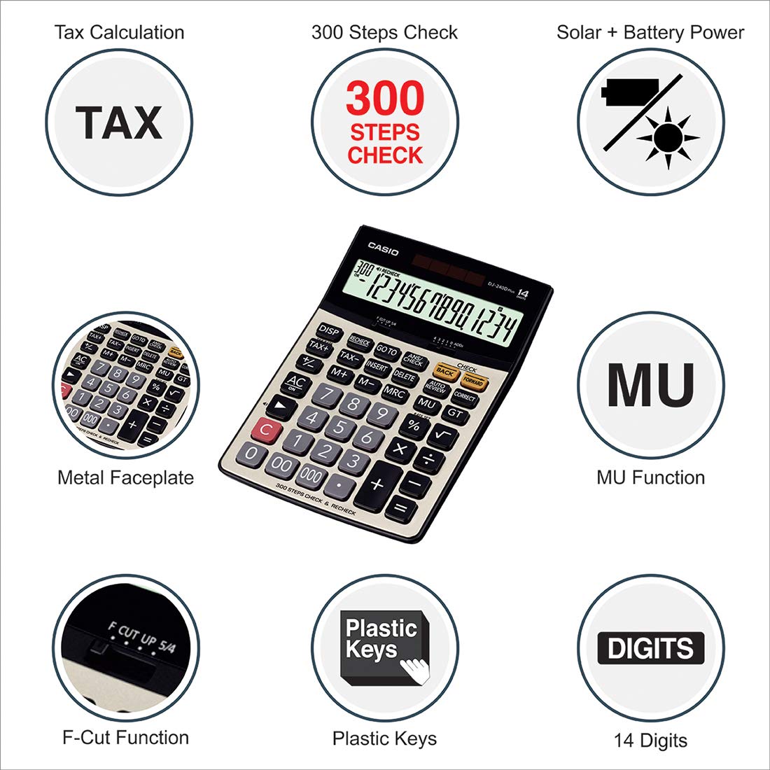 Casio DJ-220D Plus 300 Steps Check & Correct Premium Basic Calculator with Metallic Faceplate & Bigger Screen/Keys (12 Digit), Silver and Black