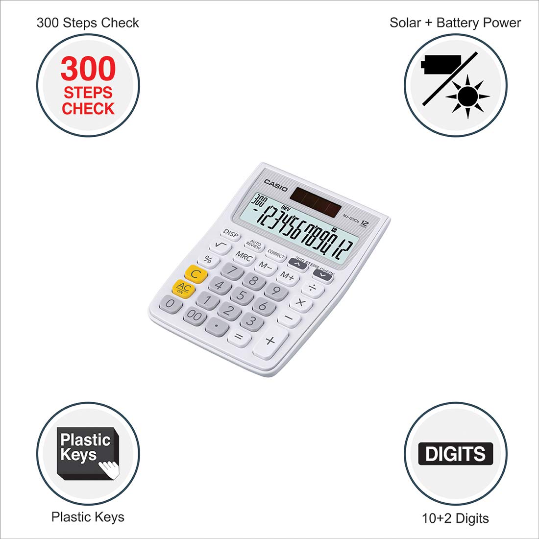 Casio MJ-12VCb-WE 300 Steps Check & Correct Colourful Desktop Calculator (White)