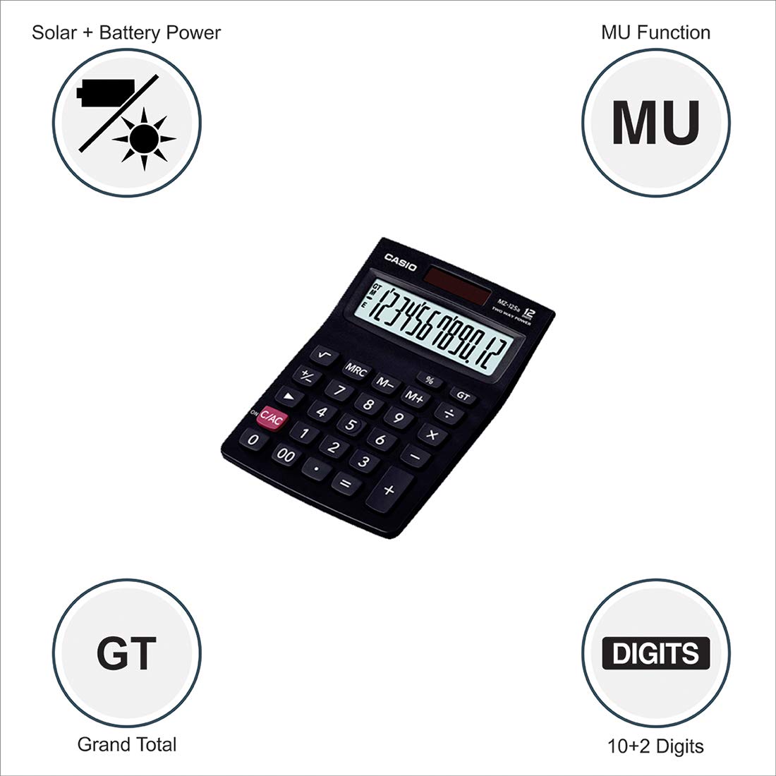 Casio MZ-12SA Desktop Basic Calculator with Square Root and GT Key, Black