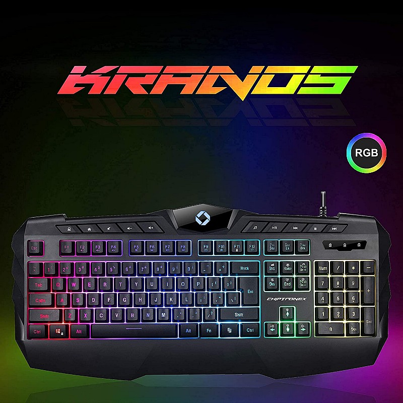 CHIPTRONEX Kranos RGB Backlit Gaming Keyboard LED 104 Keys USB Ergonomic Wrist Rest Keyboard 10 Multimedia Keys 7 RGB Color Modes