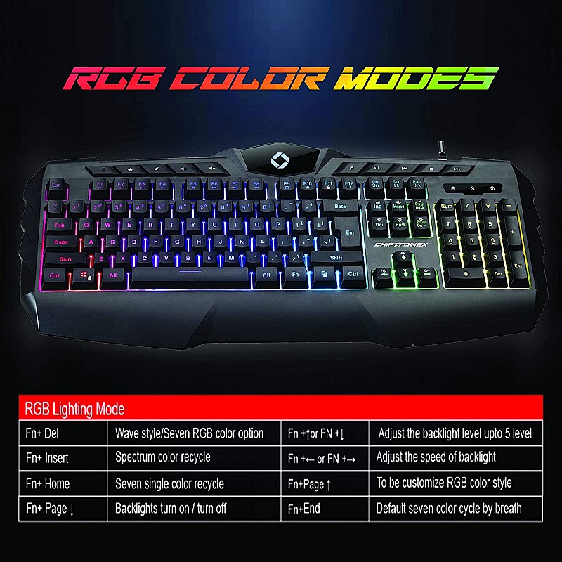 CHIPTRONEX Kranos RGB Backlit Gaming Keyboard LED 104 Keys USB Ergonomic Wrist Rest Keyboard 10 Multimedia Keys 7 RGB Color Modes