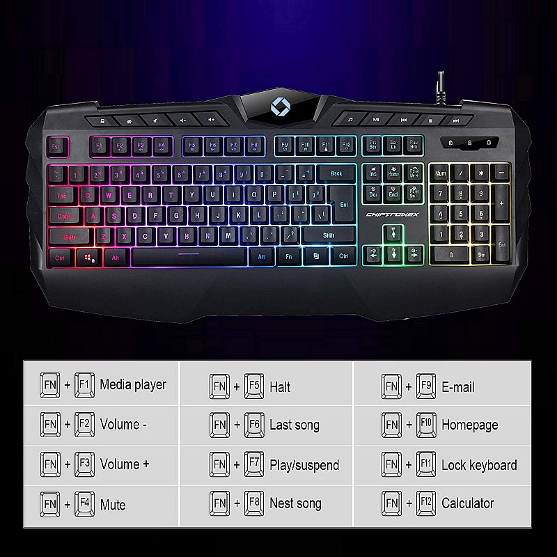 CHIPTRONEX Kranos RGB Backlit Gaming Keyboard LED 104 Keys USB Ergonomic Wrist Rest Keyboard 10 Multimedia Keys 7 RGB Color Modes