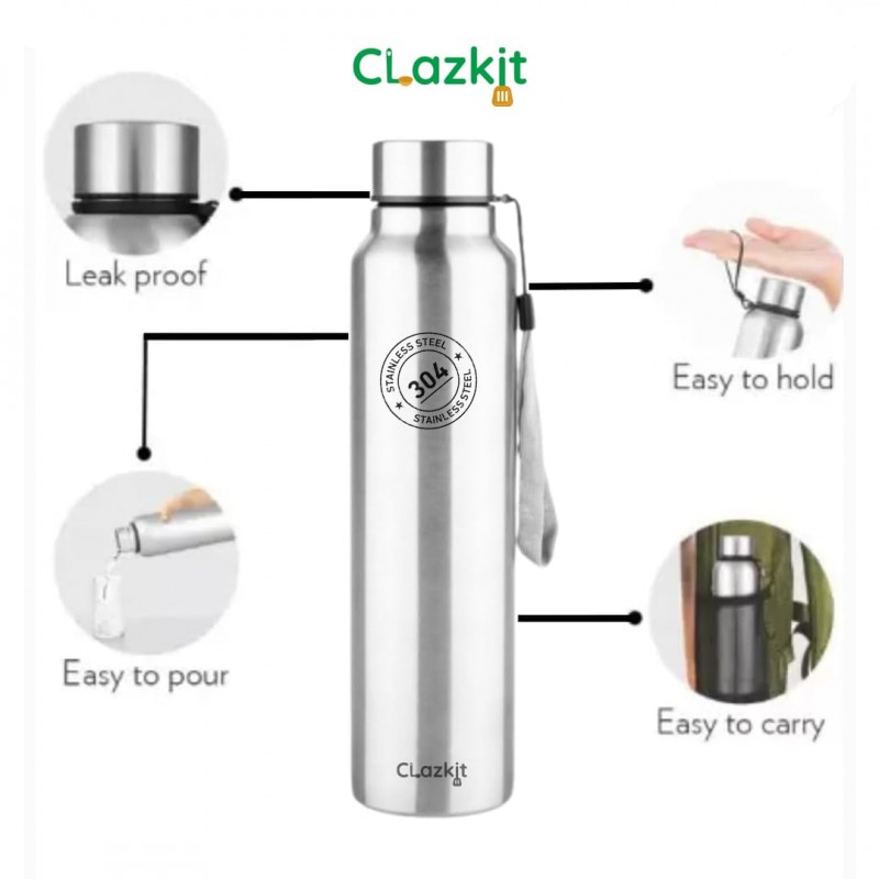 Clazkit Stainless Steel Water Bottle, 1000 ml - Single-Walled, Spill-Proof, Food Grade Steel | Fridge, Office, School, Travel, Gym, Car (Silver)