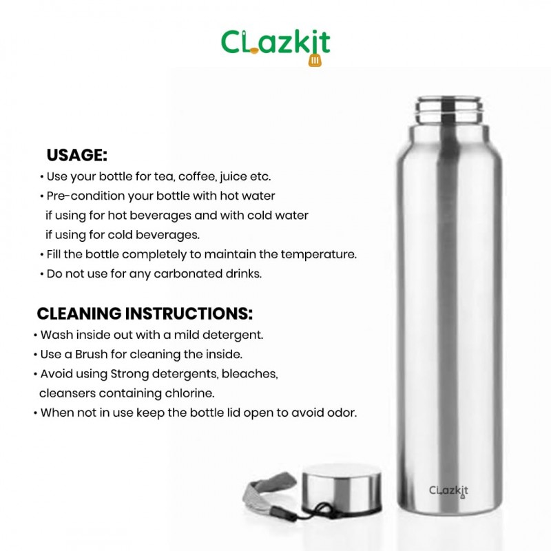 Clazkit Stainless Steel Water Bottle, 1000 ml - Single-Walled, Spill-Proof, Food Grade Steel | Fridge, Office, School, Travel, Gym, Car (Silver)