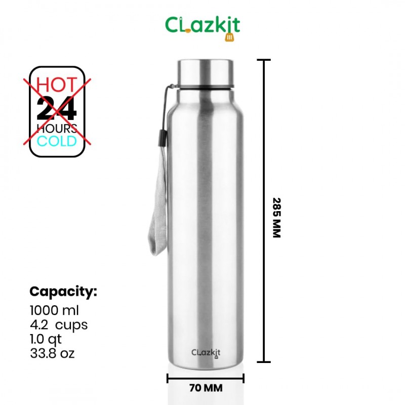 Clazkit Stainless Steel Water Bottle, 1000 ml - Single-Walled, Spill-Proof, Food Grade Steel | Fridge, Office, School, Travel, Gym, Car (Silver)