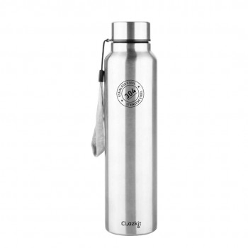 Clazkit Stainless Steel Water Bottle, 1000 ml - Single-Walled, Spill-Proof, Food Grade Steel | Fridge, Office, School, Travel, Gym, Car (Silver)