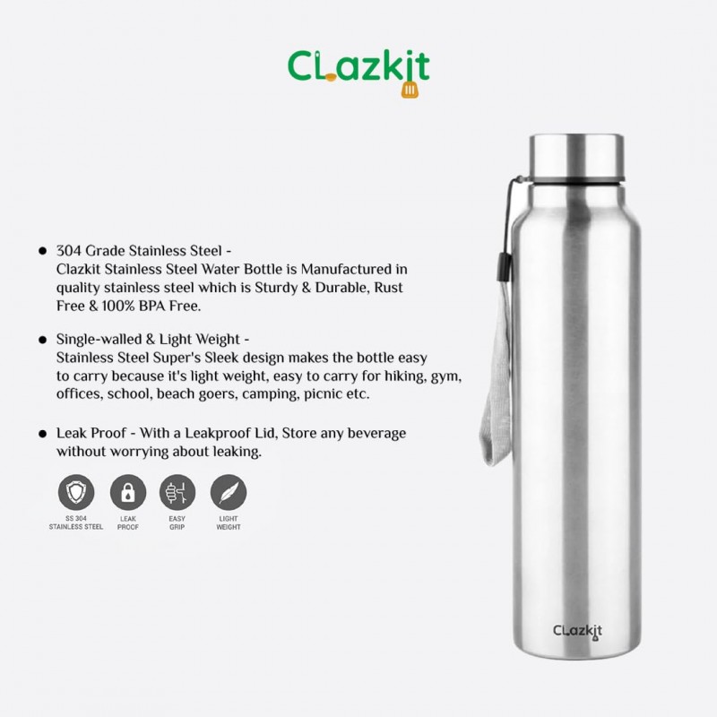 Clazkit Stainless Steel Water Bottle, 1000 ml - Single-Walled, Spill-Proof, Food Grade Steel | Fridge, Office, School, Travel, Gym, Car (Silver)